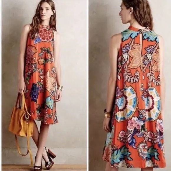 MAEVE Anthropologie silk Larkhill Orange Floral Sleeveless Midi Shift SuzeM - Picture 2 of 7